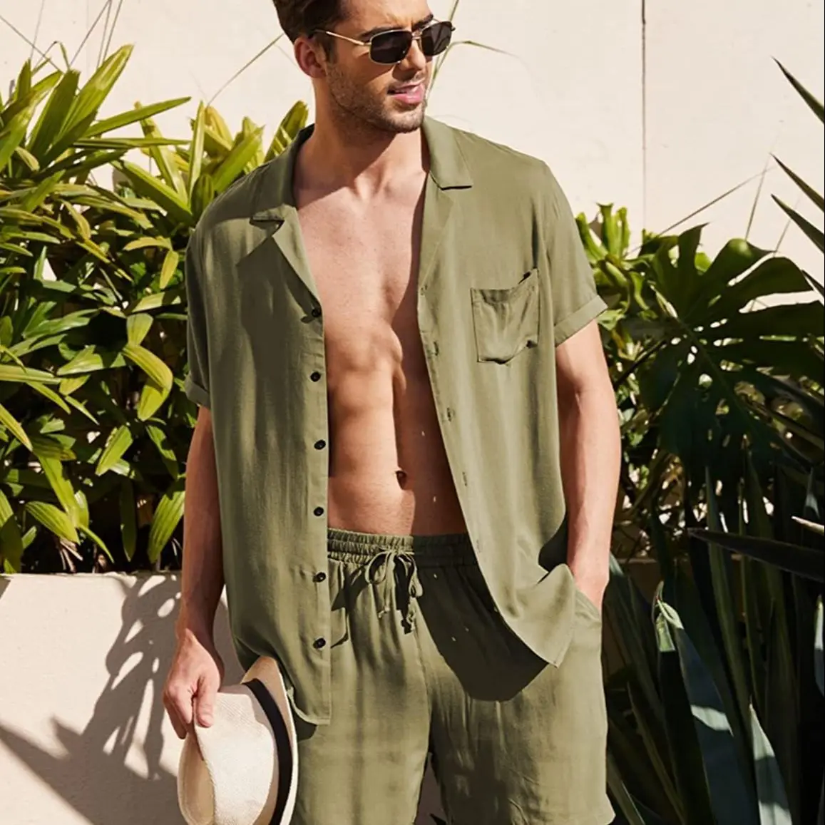 

Casual Outdoor Summer Cotton Linen Shirt Set 2 Pieces Homemade Comfortable Breathable Beach Short Sleeve Pajama Set and Pajama S