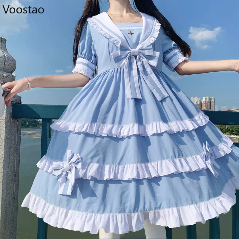 

Японское кавайное платье в стиле "Лолита", женское платье в стиле преппи с матросским воротником и бантом, вечерние платья с коротким рукаво...