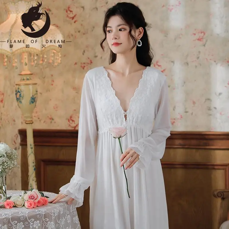Flame Of Dream Long Sleeved Nightdress Women's Spring Cotton Court Style Retro Lace Princess Pajamas Loose Large 1541