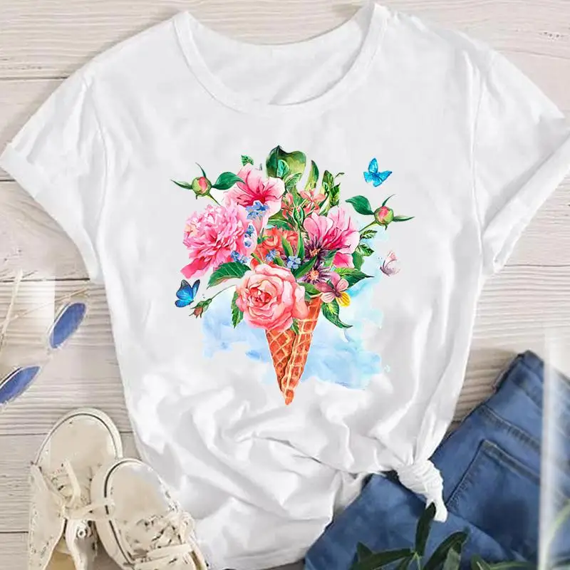 

Women Clothes Fashion Floral Ice Cream Beach Lady Short Sleeve Print Tops O-neck Tees Female Summer Tshirt Graphic T-Shirt