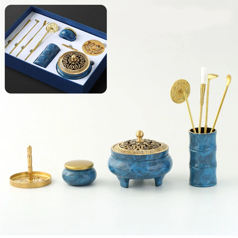 

Pure Copper Incense Burner Kit Tools Magic Blue DIY Incense Seal Gift Box Sets Sandalwood Powder Ash Pressing Mold Seal Supplies