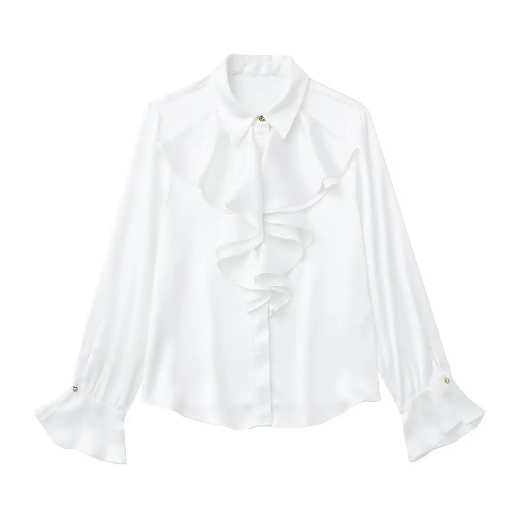 

Women 2023 New Fashion Laminated decorative satin texture Blouses Vintage Long Sleeve Button-up Female Shirts Chic Tops