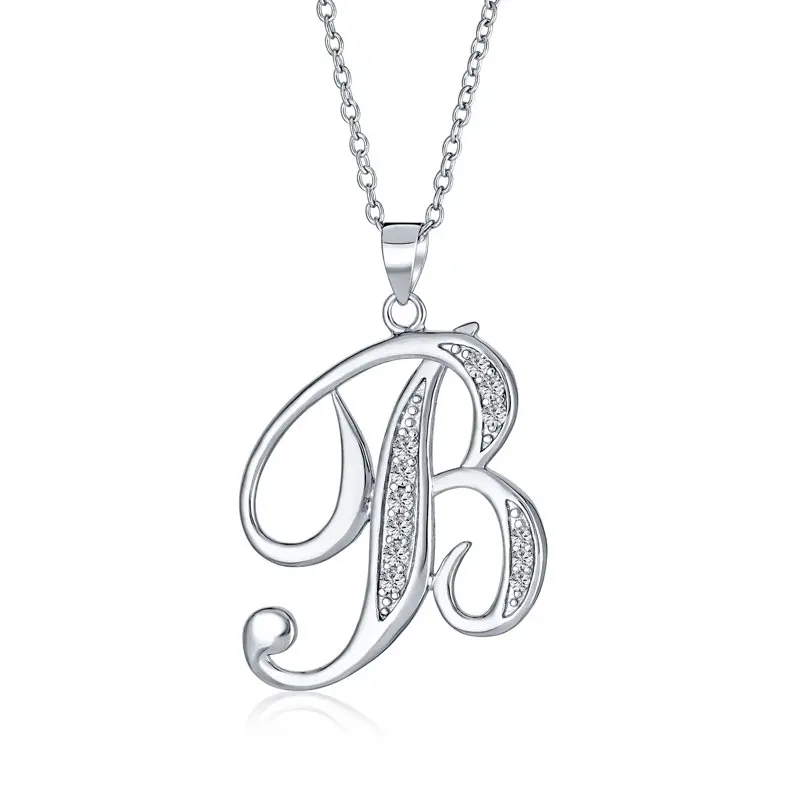 

Letter B Script Initial Pendant Necklace Pave .925 Sterling Silver
