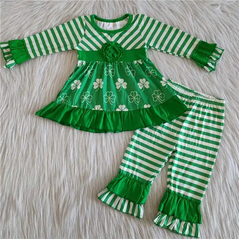 

Spring St. Patrick's Day Toddler boutique Kid Ruffle Flower Outfit Baby Girl Green Clothes Clover Striped Pants Children Set
