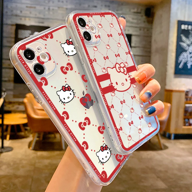 

Hello Kitty Phone Case For iPhone 13 12 11 6 6s 7 8 Plus X XR 11Pro XS Max Transparent Soft TPU Coque Funda Carcasa