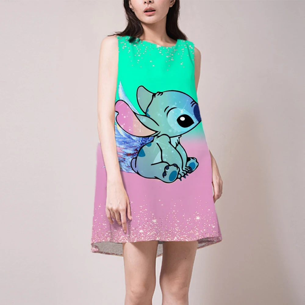

Summer Vintage Disney Stitch Printed Women Dress Sundress Loose Sleeveless O-neck Cartoon Mini Beach Dresses Female Vestidos