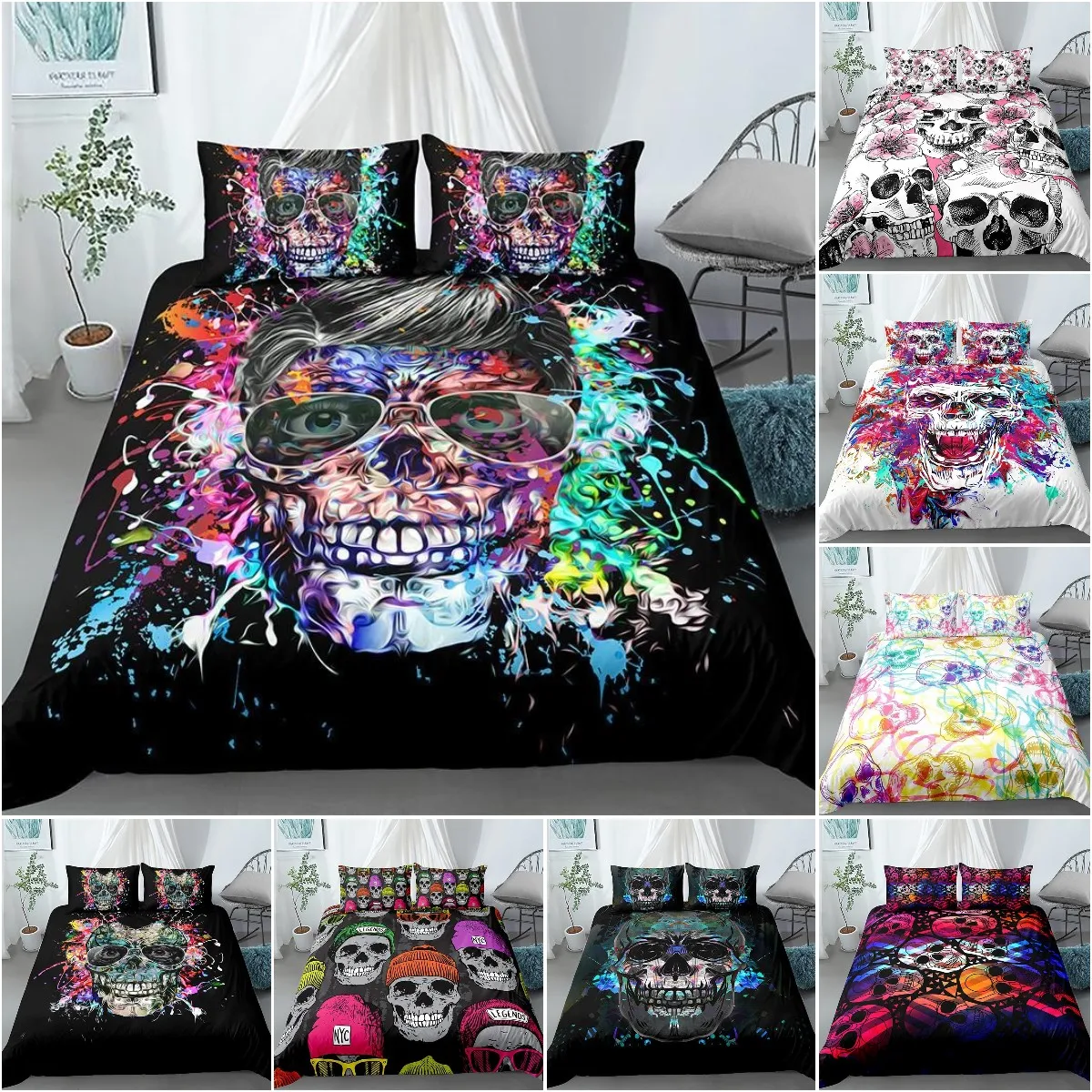 Skull Duvet Cover Set Colorful Skull Gothic Watercolor Tie Dye Comforter Cover Kid Colorful Sugar Skull Queen Size Bedding Set