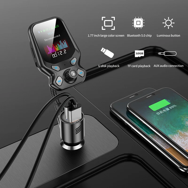 

T819 QC 3.0 USB Charger Bluetooth 5.0 Car Handsfree FM Transmitter Audio Receiver MP3 Player Car Electronics Accessories