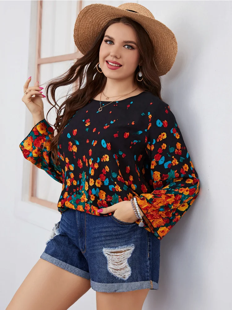 Summer round neck casual fresh sweet plump mm women's printed large long sleeved shirt plus size women clothing