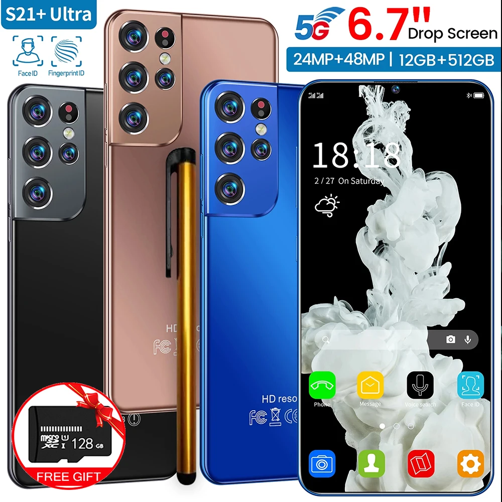 Смартфон S21 Ultra +, планшетофон, 12 Гб + 512 ГБ, полный экран 6,7 дюйма, 6800 мАч, 16 + 32 Мп, разблокированный сотовый телефон 4G Android