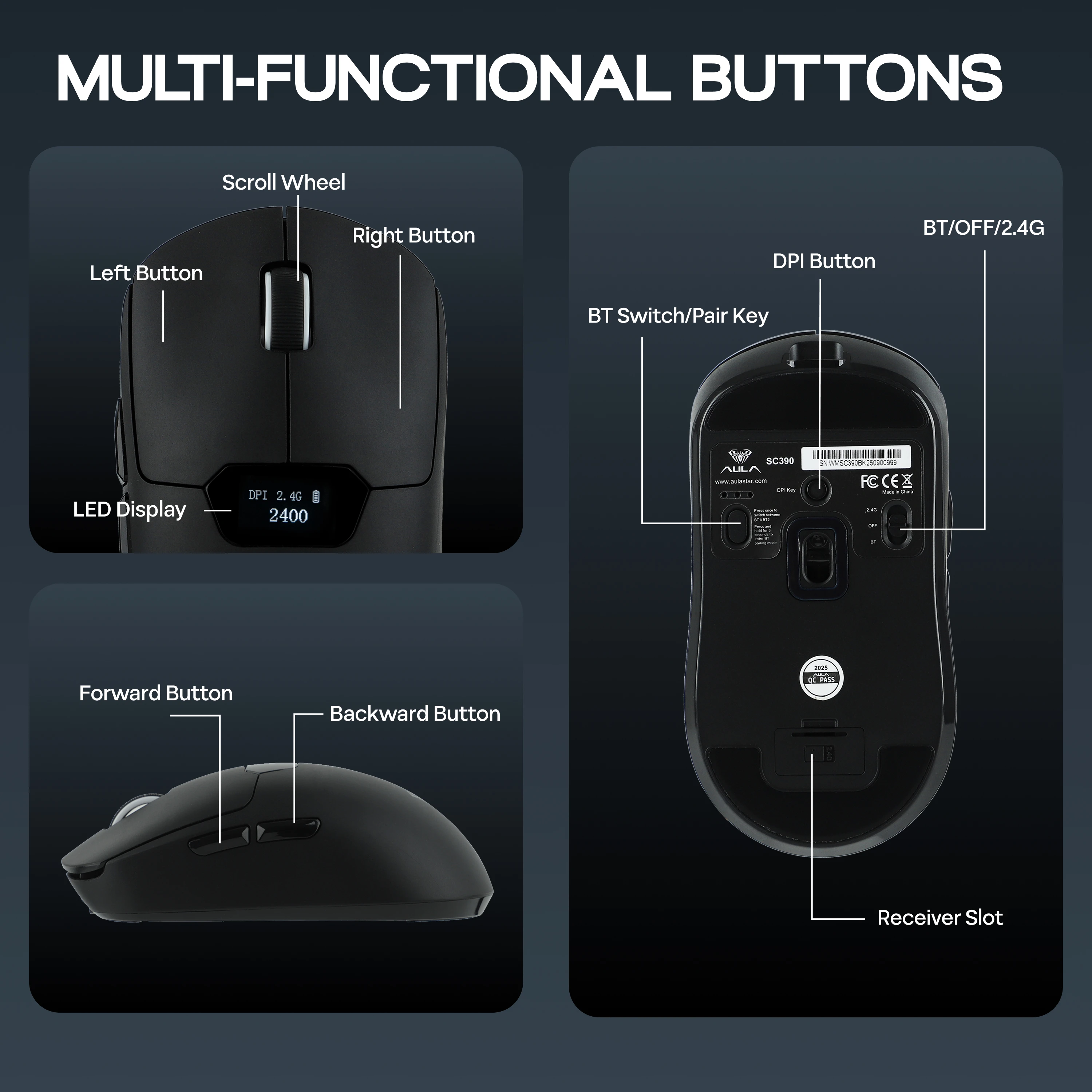 Фото Игровая мышь AULA SC390: проводная/Bluetooth/беспроводная 2.4ГГц, сенсор PAW3311, эргономичная, с умным экраном №5