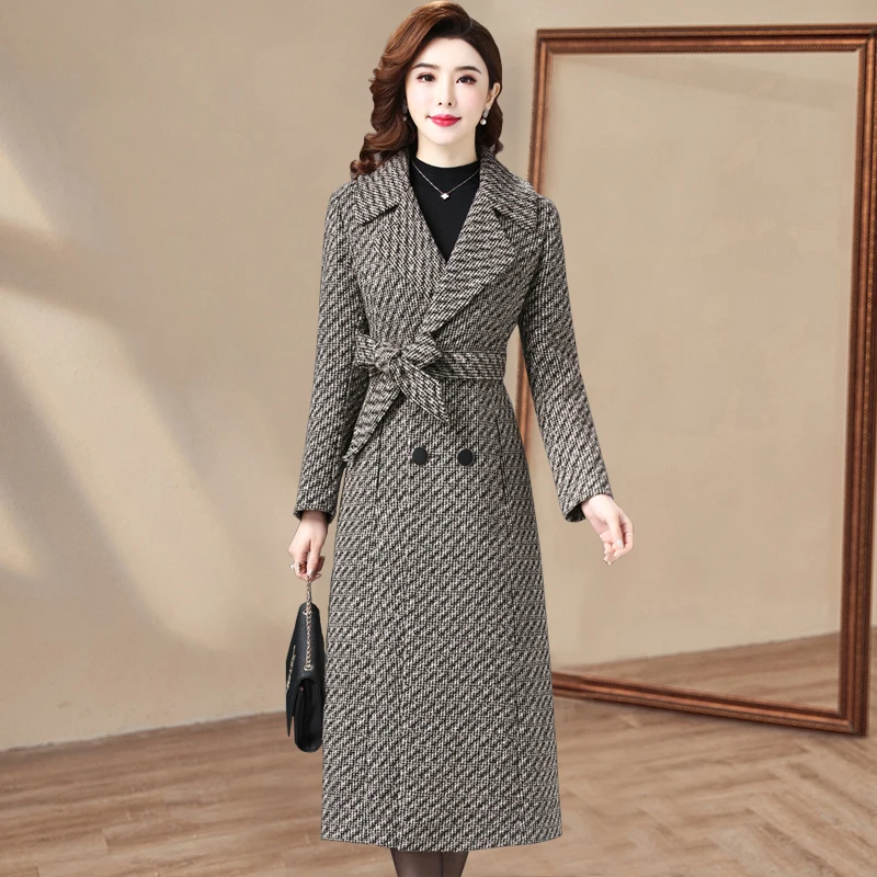 

Women Wool Blends Coat Autumn 2022 New Fashion Elegant Plaid Woolen Tops Overcoat Lacing Sashes Slim Waist Long Outerwear Female