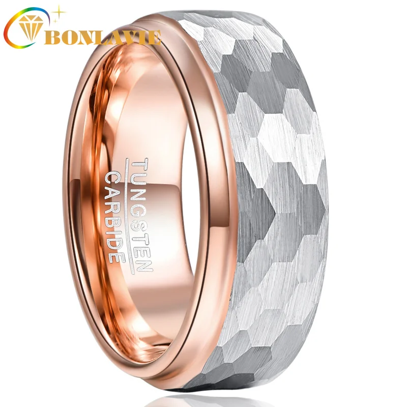 

BONLAVIE 8mm Tungsten Carbide Ring Side Step Rose Gold Plating Surface Hammered Tungsten Steel Ring Men Engagement Rings