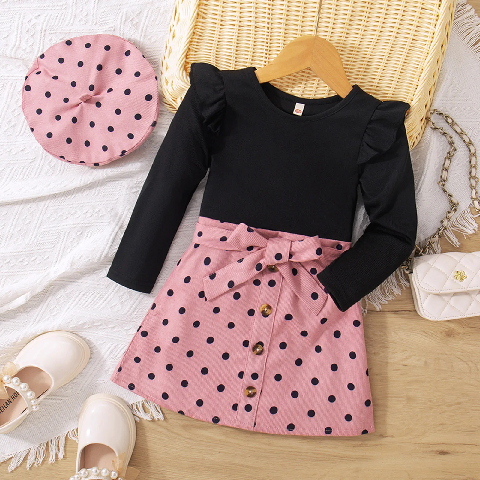 

1-6Y Autumn Lovely Baby Girls Clothes Sets Solid Ruffles Long Sleeve Pullover Tops Polka Dot Bow Button A-Line Skirts Beret 3pcs