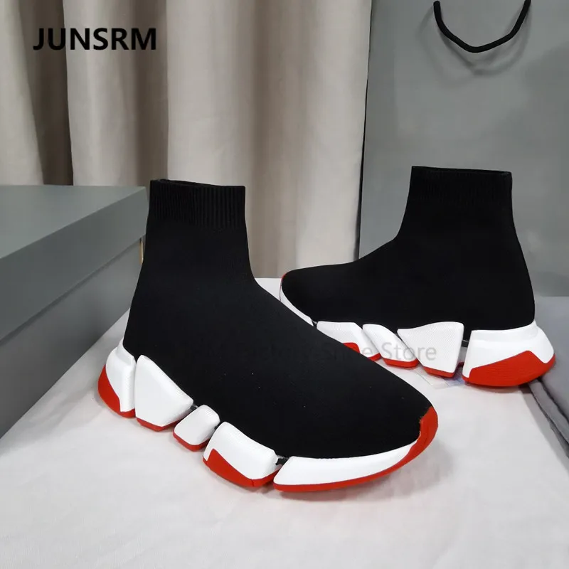 

2022 Two-tone Knit Stretch Sock Boots Round Toe Sports Speed Trainers Unisex Shoes Summer Comfort Casual Men's Slip On Sneaker
