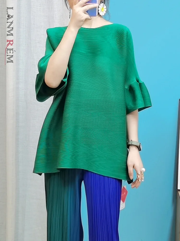 

LANMREM Pleated T-shirt Women Loose Pullover Round Collar Flare Half Sleeve Solid Color Fashion 2022 Summer Female Tops 2I318