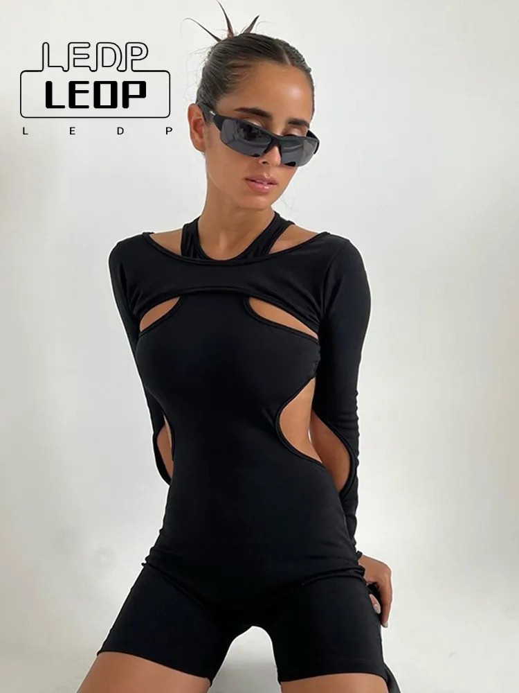 LEDP Sexy Black Women Cutout Backless Jumpsuit Shorts Low Cut Knit Bodysuit Romper Hollow Out Bodycon One Piece Playsuit