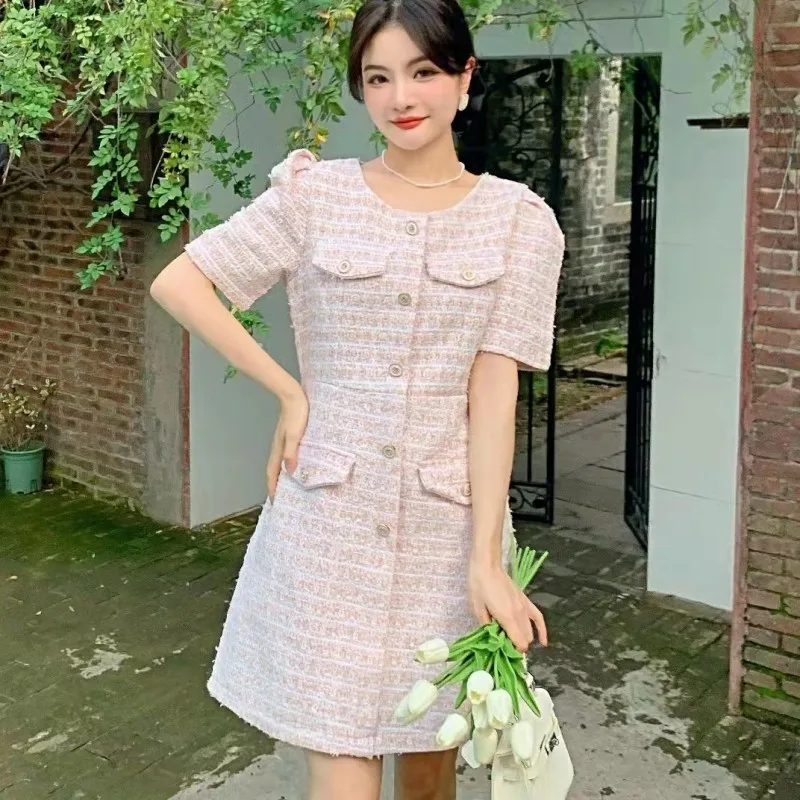 

Женское однобортное платье, элегантное твидовое платье с пышными короткими рукавами, лето 2022