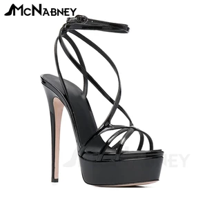 Platform Stiletto Ankle Strap Sandals Patent Leather Summer Shoes Cross Strap Sexy High Heels for Women Nude Pink Black Sandals