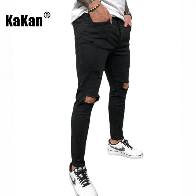 Kakan - European and American New High Quality Men's Worn Small Foot Elastic Jeans, Black Dark Blue Wash Tight Jeans K40-8812