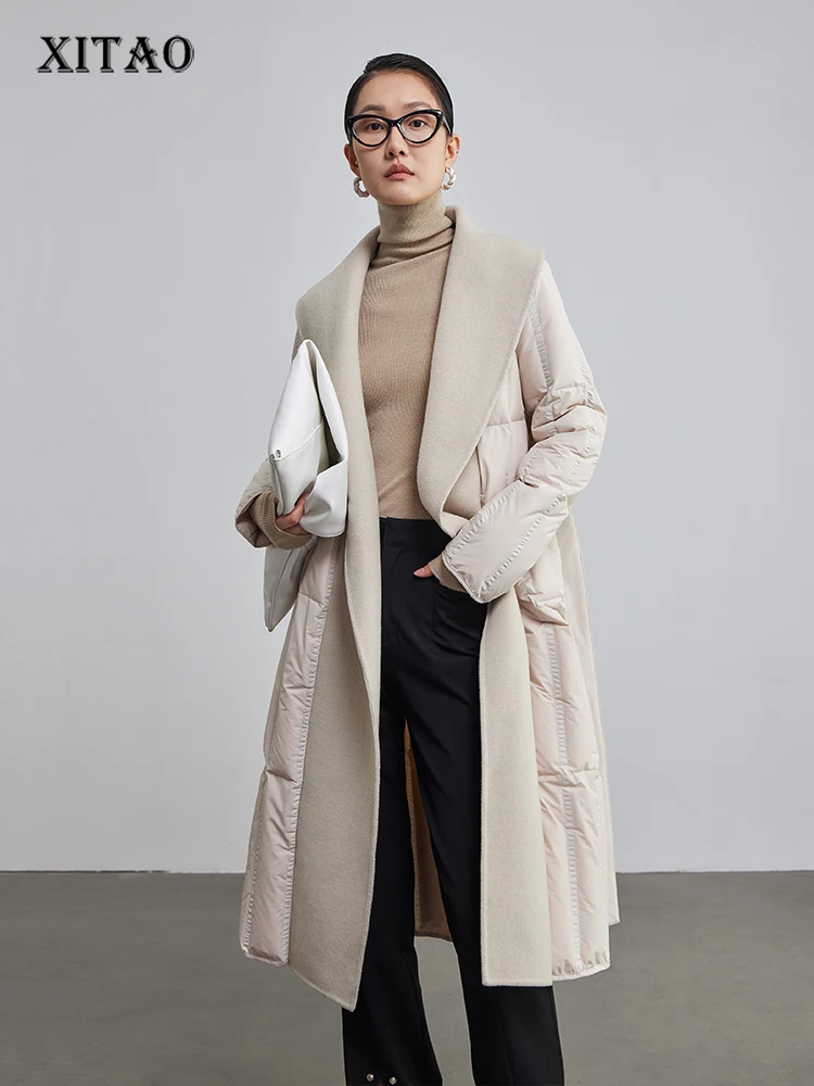 

XITAO Fashion Bandage Women Down Coats Solid Color Spicing Knitting Big Turn-down Collar Simplicity Temperament Coat WLD13231