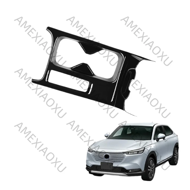 Фото Декоративные наклейки на центральную консоль и подстаканник для Honda HRV HR-V Vezel 2021-2022, глянцевый черный, для леворульных автомобилей, AMEX №2