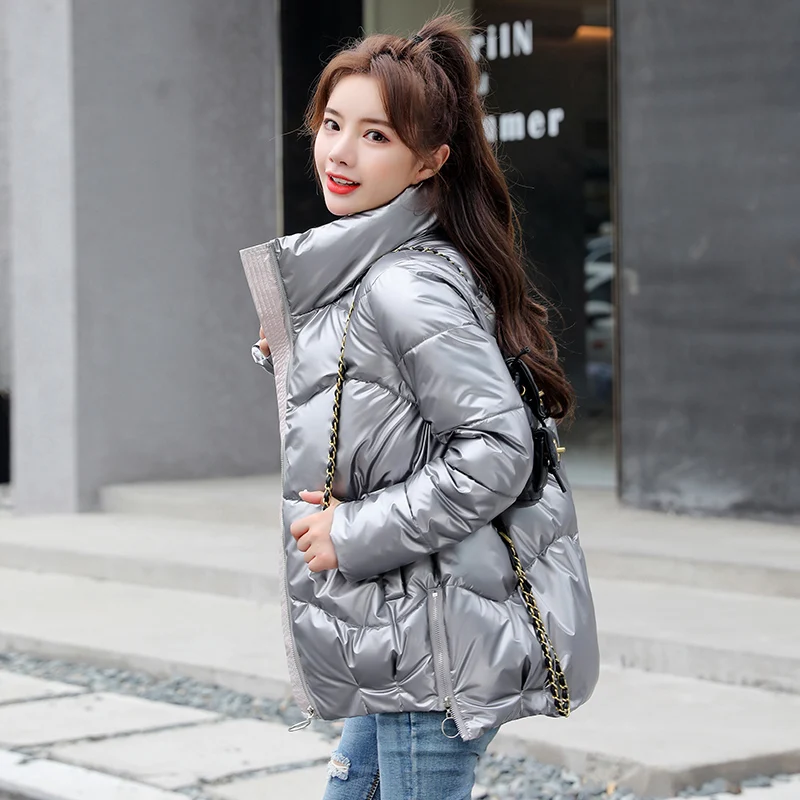 Short Women's Down Jacket 2022 Winter Glossy Silver/Black/Green/Grey Loose Cotton padded Coat Stand Collar Outwear Parkas Female