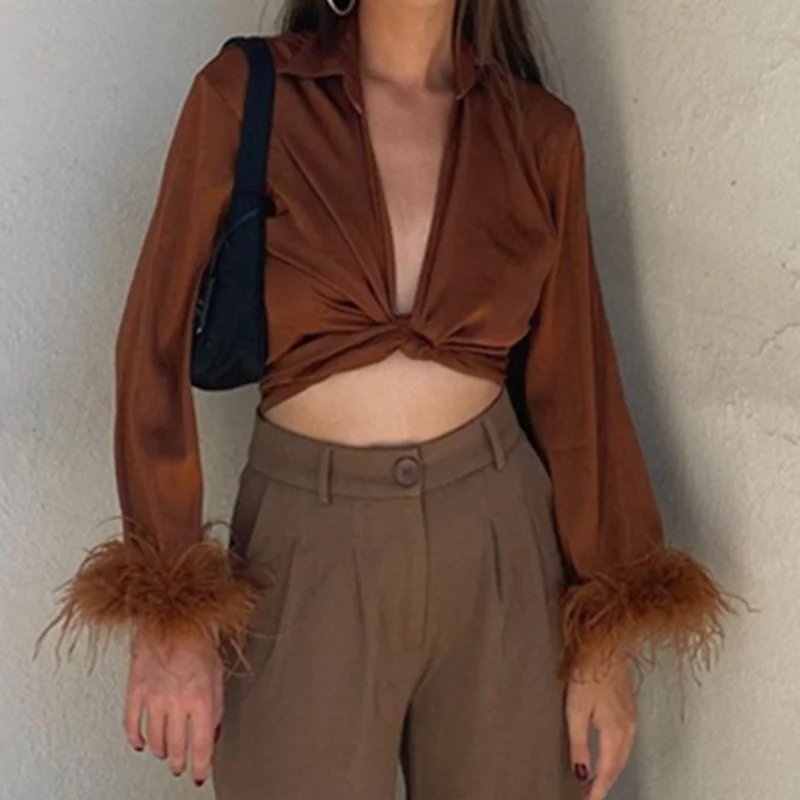 

Zabrina Sexy Deep V Neck Top Women Women's T-shirt Plush Patchwork Long Sleeve Crop Tops 2022 New Fashion Slim Female Clothing