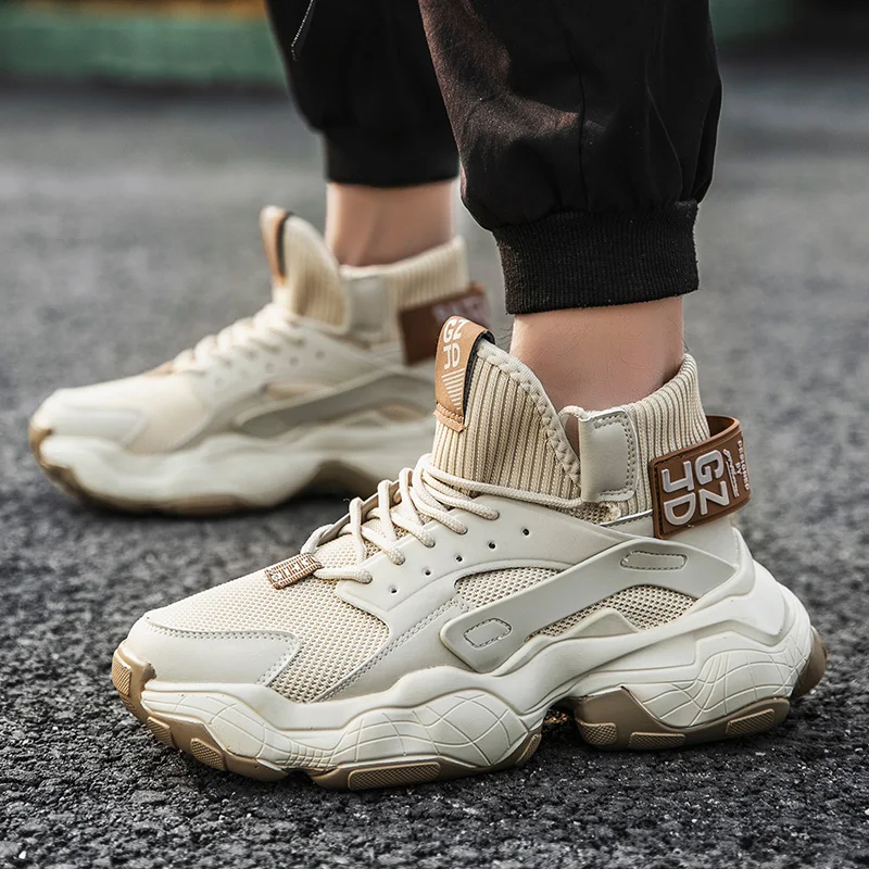 New Men's Shoes Spring And Thick-soled Mid-top Chunky Sneakers Casual Trend Rubber Elastic Comfortable Lightweight Sports Shoes