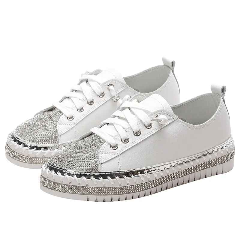 Woman Genuine Leather Flats Cross-tied Lazy Muffins Shoes Glitter Espadrilles Women Crystal Platform Shoes