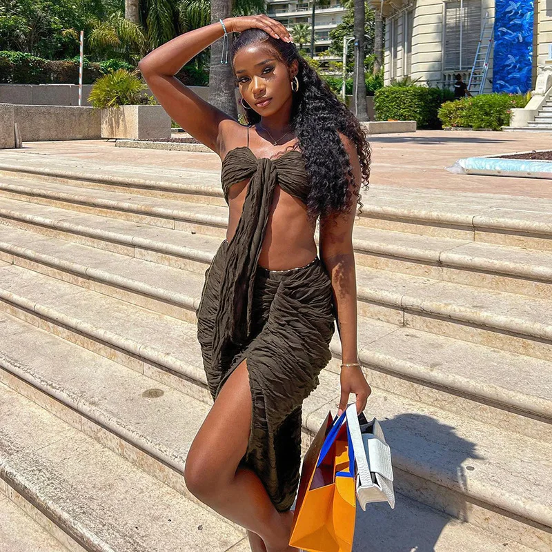 

Женский пляжный костюм CM.YAYA, из двух Женский комплект 2 шт., плиссированный, сексуальный, укороченный топ с бантом, с боковыми разрезами