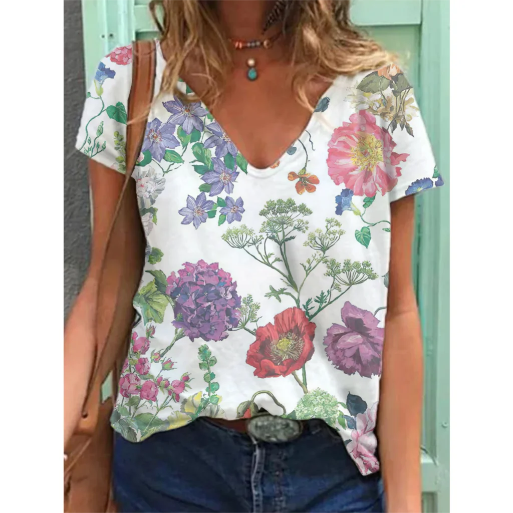 

2022 Summer Tshirt Floral Print Pullover Tops Women Casual Short Sleeve V-neck Loose T-shirt Femme Fashion Clothes