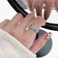 s925 sterling silver open black and white checkerboard ring women fashion personality light luxury and exquisite