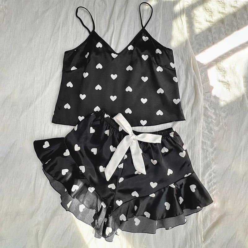 Women Pajamas Sets 2pcs Satin Silk Heart Print Pijamas Pyjama Female Sleepwear Cami Top Shorts for Woman Homewear Loungewear