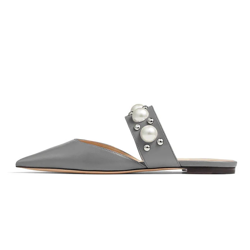 Sweet Pearl Sandals Summer Concise Women Shoes Fashion Pointed Toe Mules Sandalia Mujer Outdoor Party Casual Flats Plus Size 43