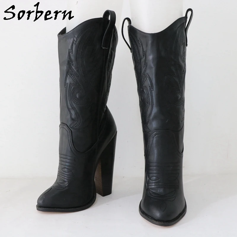 Sorbern Genuine Leather Embroider Ankle Boots Unisex Cowboy Boots Block Heel Pointy Toes Black Matt Retro Style Custom Booties