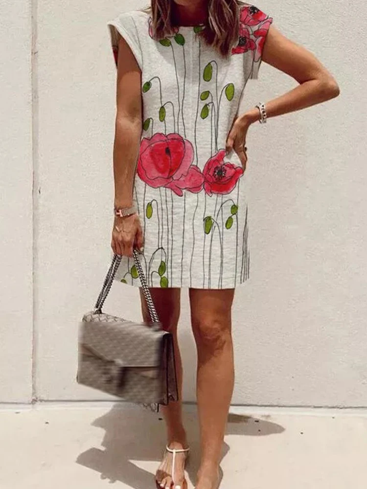 

2022 Summer Cotton Linen A-Line Mini Dress Vintage Floral Print Loose Dress Women O-neck Sleeveless Casual Beach Dress Vestidos