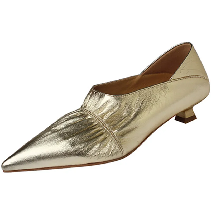 

LeShion Of Chanmeb Women Genuine Leather Pleated Pumps Golden Thin Low Heels Point Toe Shoes Silvery Autumn Ladies Footwear Chic