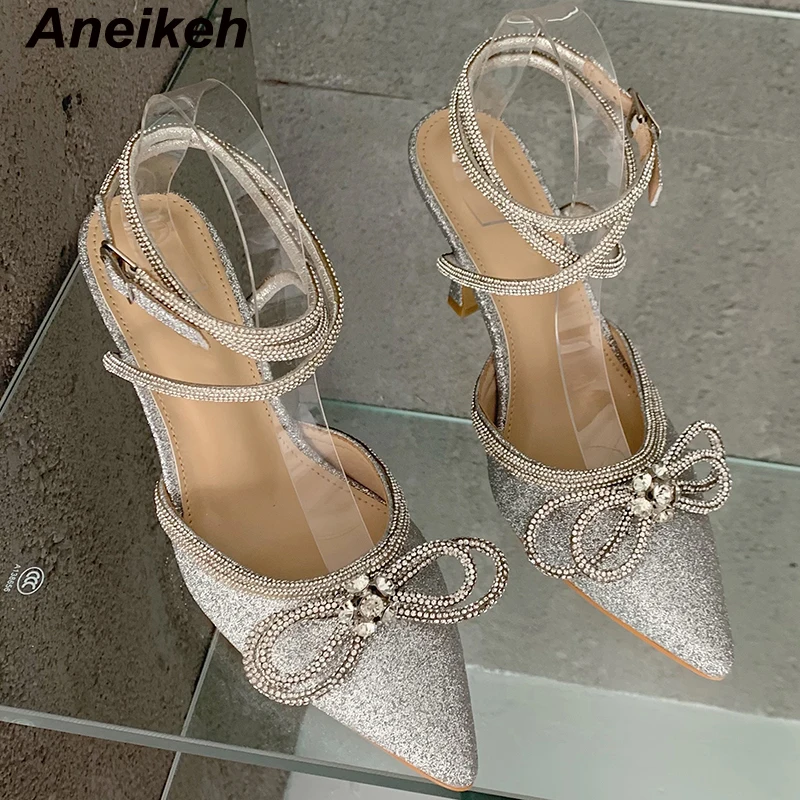 

Aneikeh Spring 2024 Women Fashion Shoes Classics Pointed Toe Crystal Butterfly-Knot Decoration Party Dress Pumps Ankle Strap