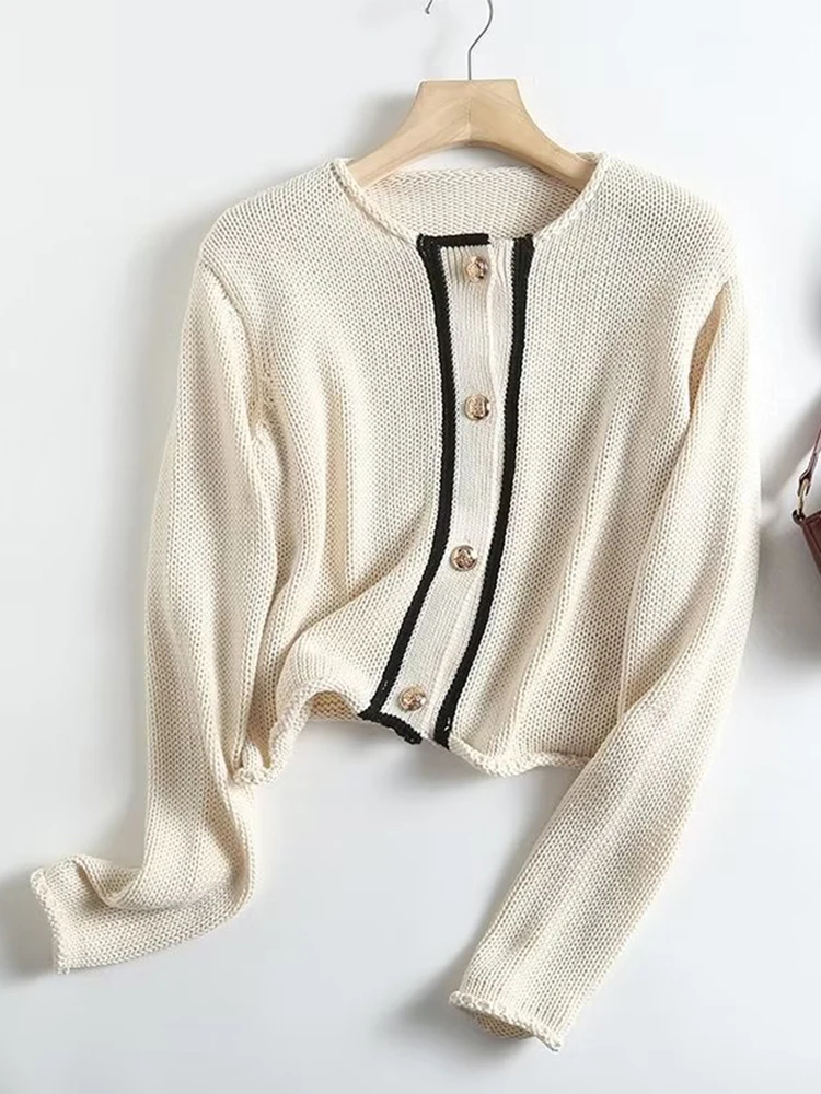 

New Autumn Women Fashion Single Breasted Splicing Knitted Cardigan Sweater Female Solid Simple Casual Crop Top