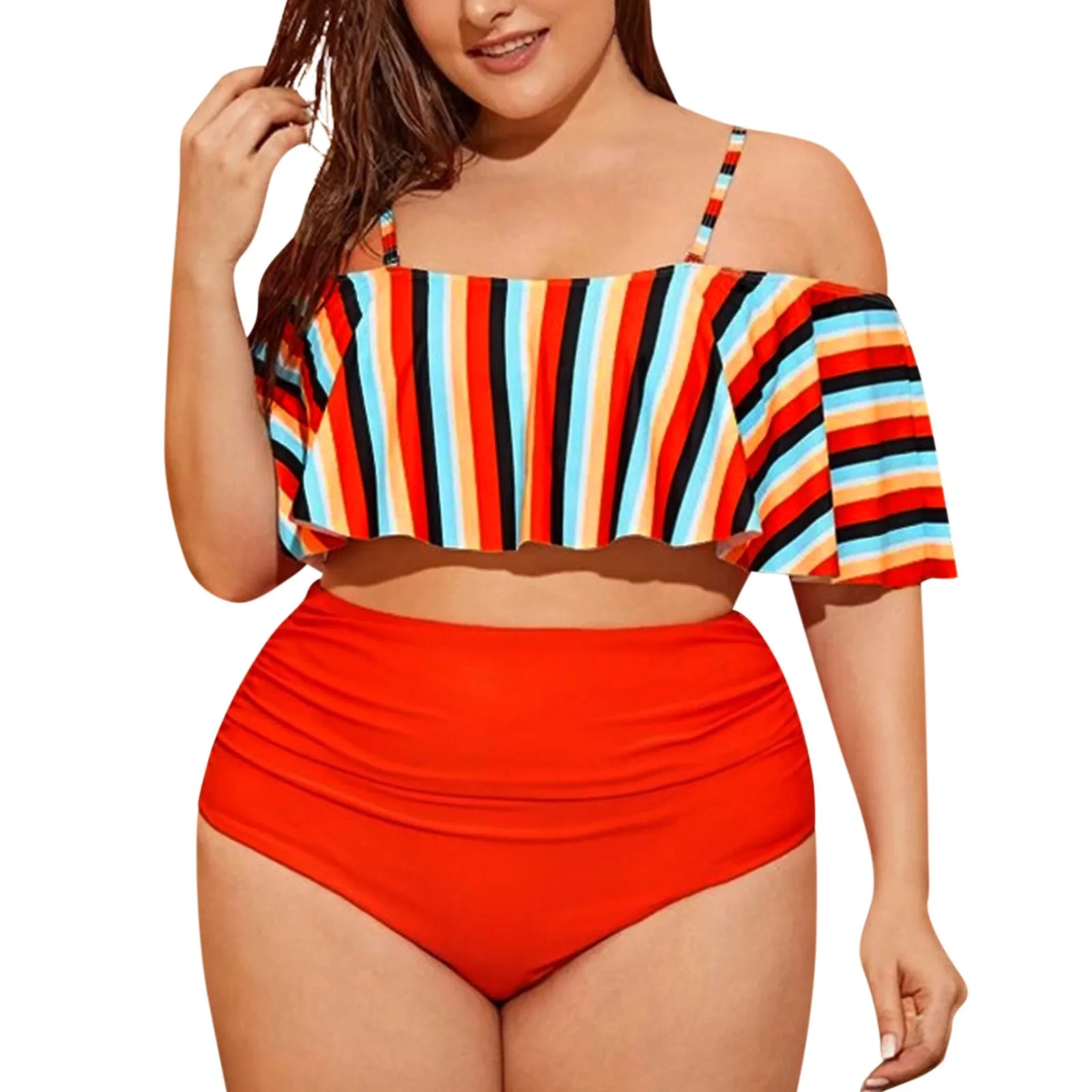 

Striped Ruffle Split Plus Women's Size Bikini Waist Sexy Swimsuit High Swimwears Tankinis Set Swimwears Swimsuit bikini