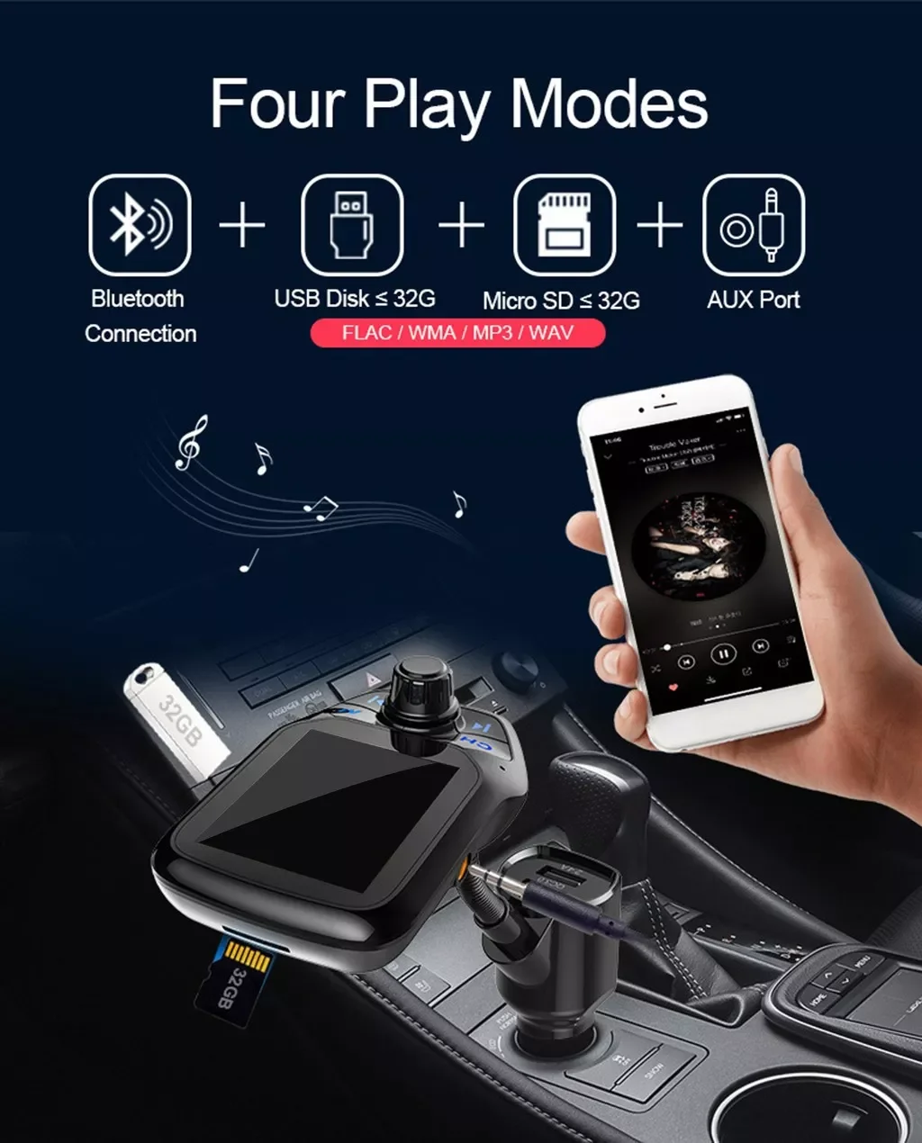 FM-трансмиттер с поддержкой Bluetooth 1 8 дюйма цветным экраном |