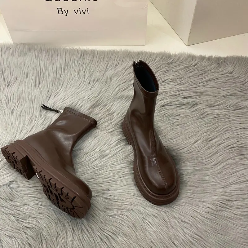 2023 New Spring Autumn Platform Women Boots Solid Casual Round Toed Zipper Fashion Ankle Female Boots Zapatillas De Mujer