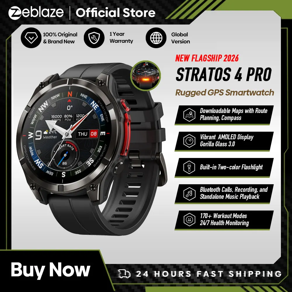 Фото Новые умные часы Zeblaze Stratos 4 Pro с GPS, 1.43'' AMOLED-дисплеем, двухцветным фонариком, хранилищем для музыки и 170+ режимами тренировок №1
