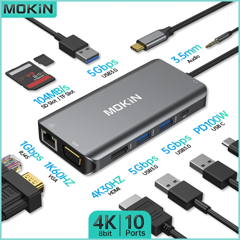 

MOKiN 10 in 1 Docking Station for MacBook Air/Pro, iPad, Thunderbolt Laptop | HDMI VGA 4K30Hz 1K60Hz USB3.0 RJ45 1Gbps PD 100W