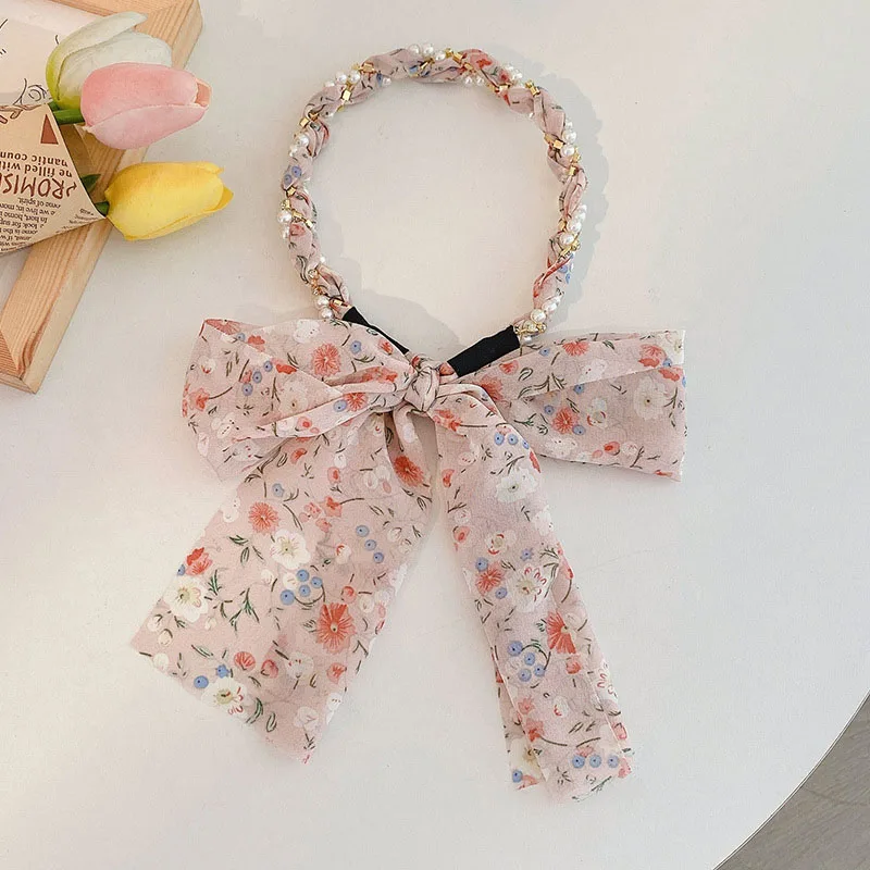 

Fashion Hair Band For Women Elegant Long Ribbon Hairbands Bowknot Braided Pearl Floral Headband Hair Hoops Hair Accessories