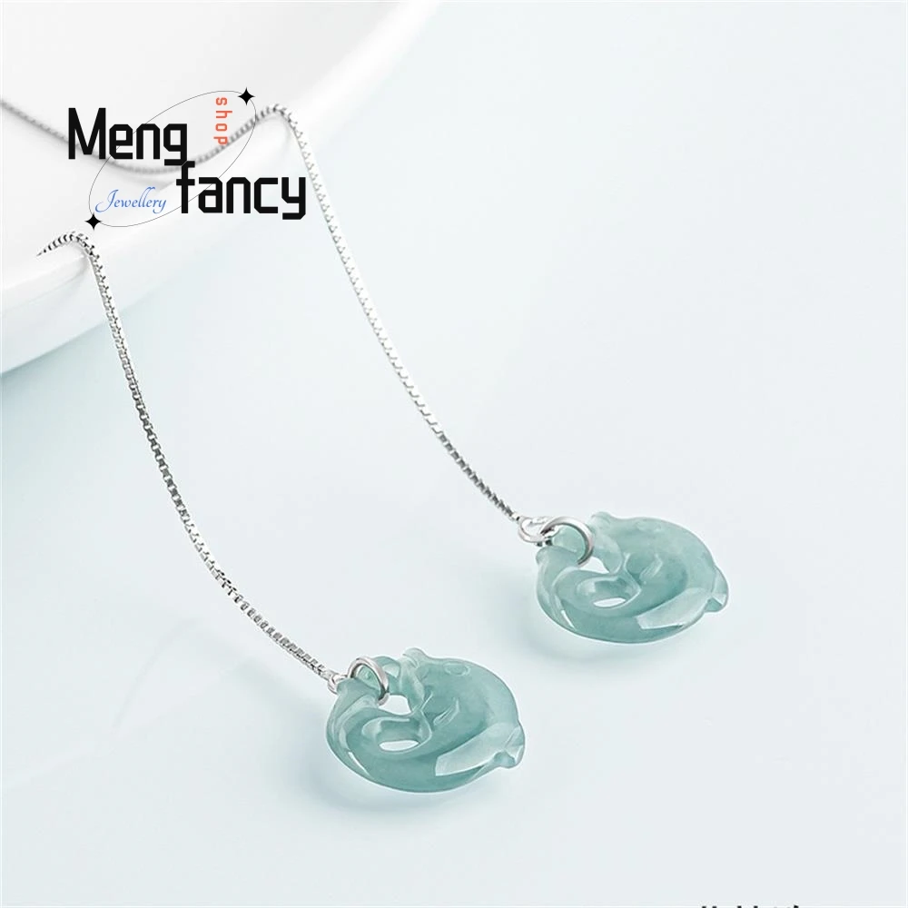 

Natural Jadeite Ice Dolphin Ear Wire Charms Fashion Fine Jewelry Sets 925 Silver Women Earrings Luxury Personality Holiday Gifts