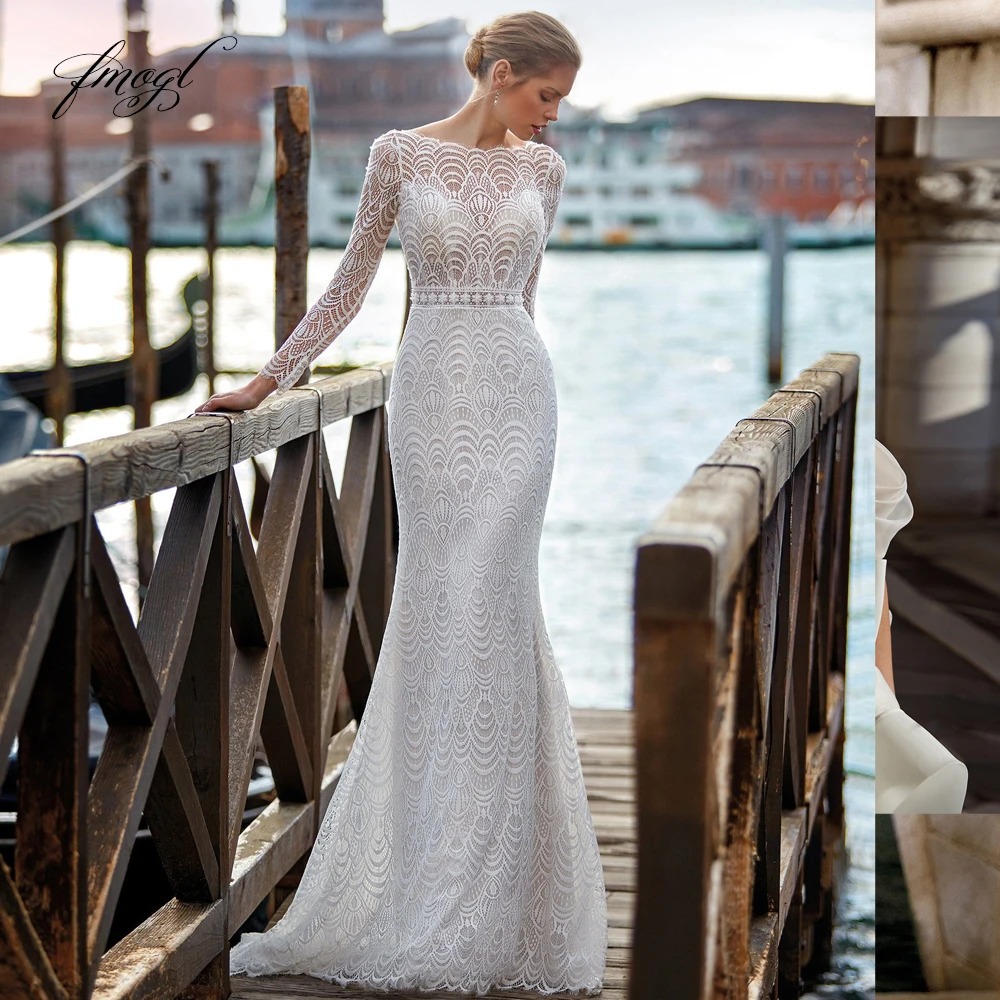 

Fmogl Sexy Backless Long Sleeve Lace Mermaid Wedding Dresses Luxury Scoop Neck Belt Sweep Train Trumpet Bridal Gown