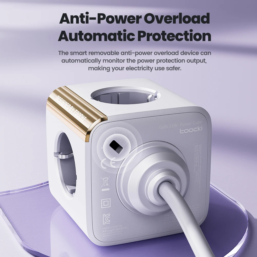Фото Toocki C27/28A 33 Вт GaN Power Strip EU/KR 7 в 1 USB C Port 4000 Вт 4AC Розетка Настольная зарядная станция 1,5 м Кабель для телефона Планшета №3
