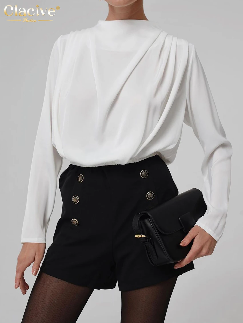 

Модные белые женские блузки Clacive 2022, повседневные офисные женские рубашки с круглым вырезом и длинным рукавом, Элегантный Простой Классичес...